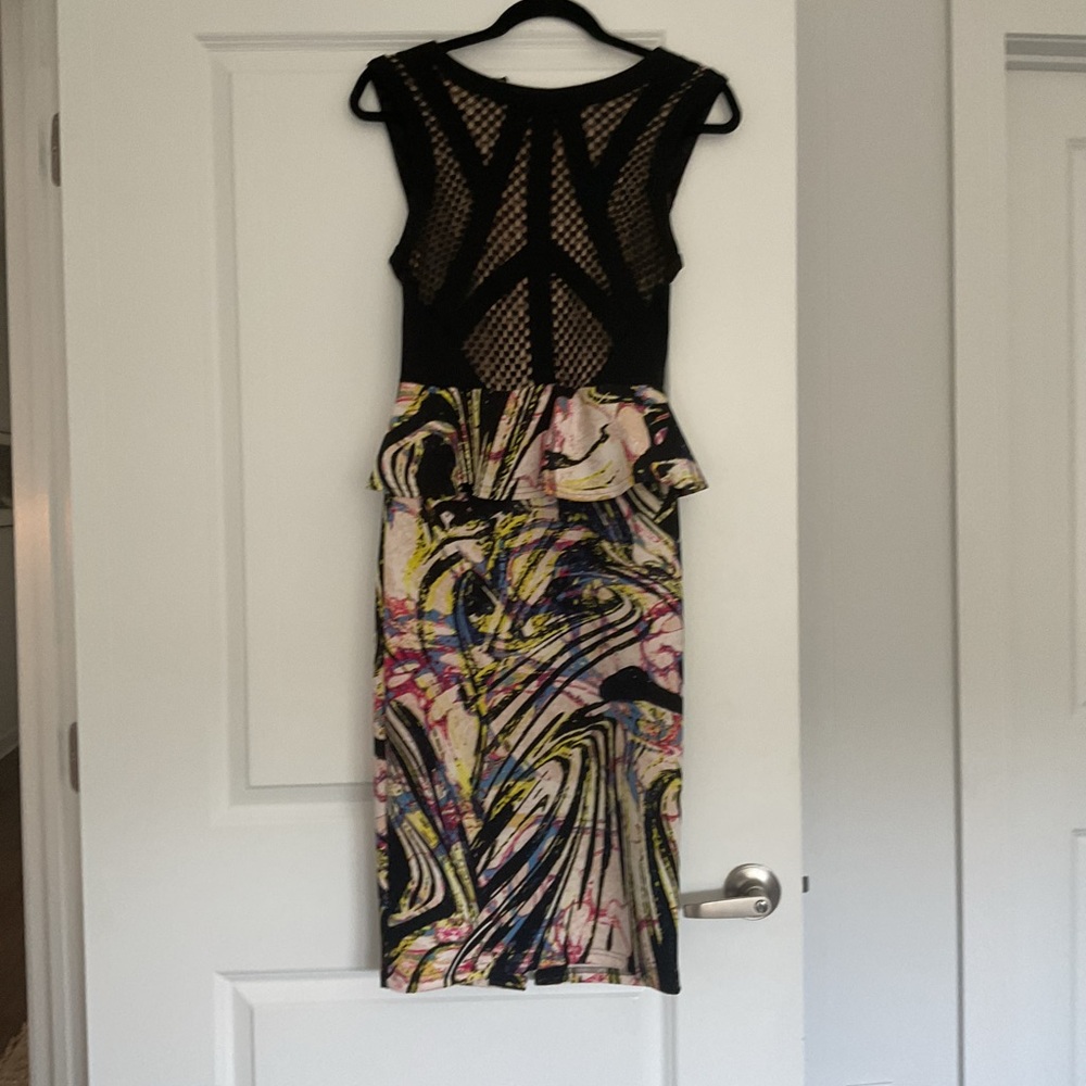 Bebe black lace peplum paint splash s/p dress